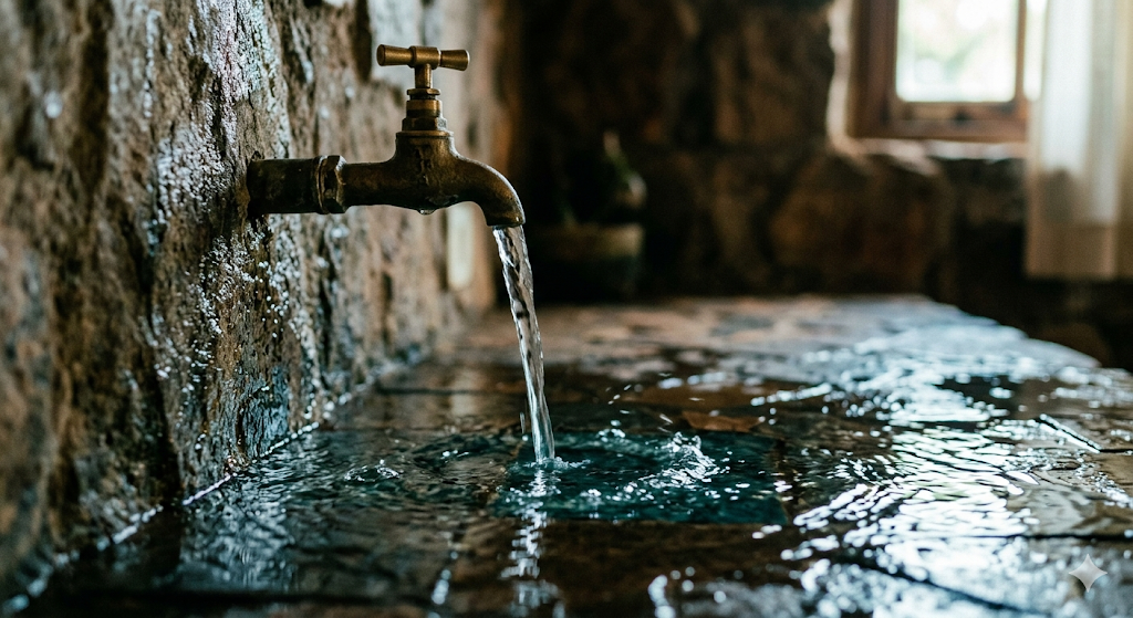 A Torneira Aberta: Uma foto artística de uma torneira pingando ou aberta, reforçando o exemplo que usamos no texto sobre "secar o chão".