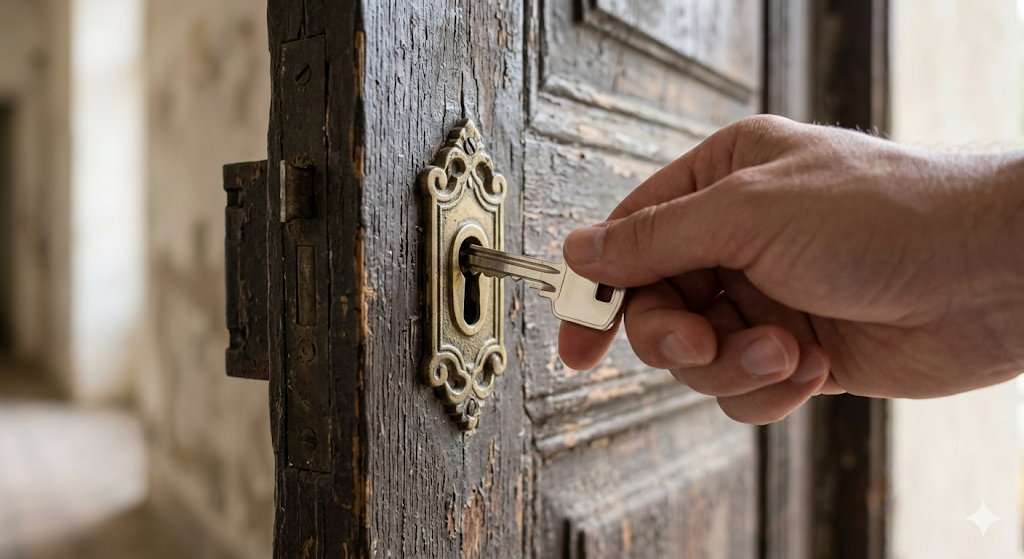 A Chave Errada: Uma imagem de alguém tentando abrir uma porta antiga com uma chave moderna que não encaixa (representando a lógica tentando abrir a emoção).