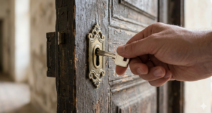 A Chave Errada: Uma imagem de alguém tentando abrir uma porta antiga com uma chave moderna que não encaixa (representando a lógica tentando abrir a emoção).