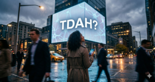Uma fotografia cinematográfica em ângulo baixo, capturando um jovem adulto (25-35 anos) parado no centro de uma rua urbana movimentada e nublada ao anoitecer. Ele está de costas para a câmera, olhando para cima. Diante dele, ergue-se um enorme outdoor digital moderno (painel LED), iluminando a cena com uma luz azulada e suave. No centro do outdoor, em letras brancas, grandes, em caixa alta e fonte sem serifa, lê-se: TDAH?. A interrogação é ligeiramente menor que as letras. O fundo do outdoor exibe gráficos abstratos de conexões neurais que parecem ligeiramente fragmentadas. O jovem segura um smartphone na mão, a tela está acesa, mas ele está distraído olhando para o painel. A multidão ao redor está desfocada (motion blur), sugerindo a sensação de desconexão e dúvida interna da pessoa.